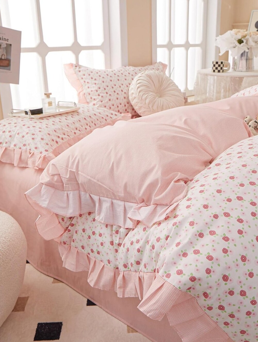 Shabby Chic French Garden Style Floral Ruffle Queen Comforter Set Cottagecore 3